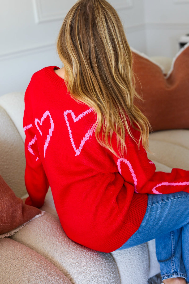 Make You Smile Red Heart Jacquard Oversized Sweater