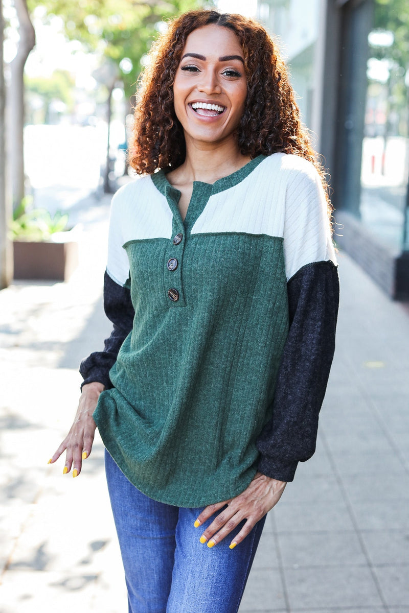 Start Your Day Olive Ribbed Henley Color Block Sweater Top