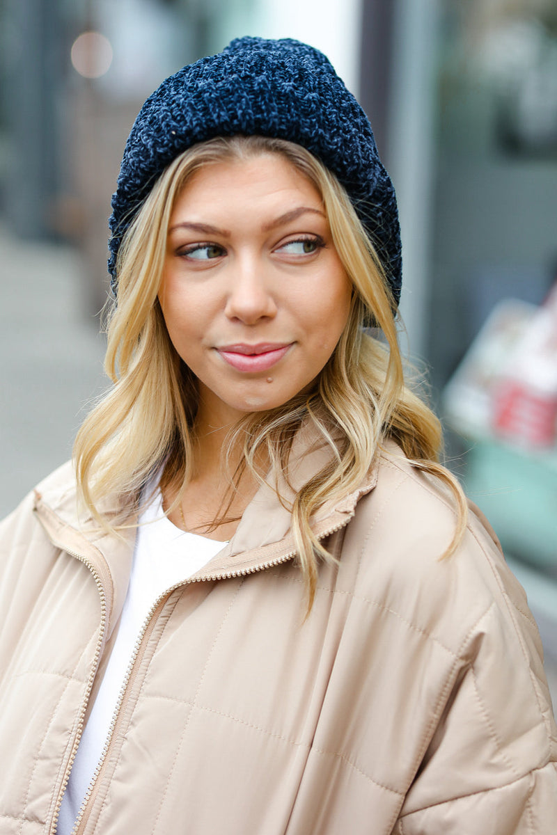 Navy Knit Velvet Chenille Fold Over Beanie