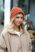 Rust Knit Velvet Chenille Fold Over Beanie