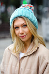 Teal Multicolor Cable Knit Pom-Pom Beanie