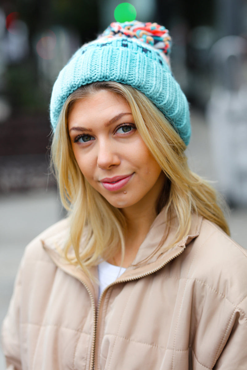 Teal Multicolor Cable Knit Pom-Pom Beanie