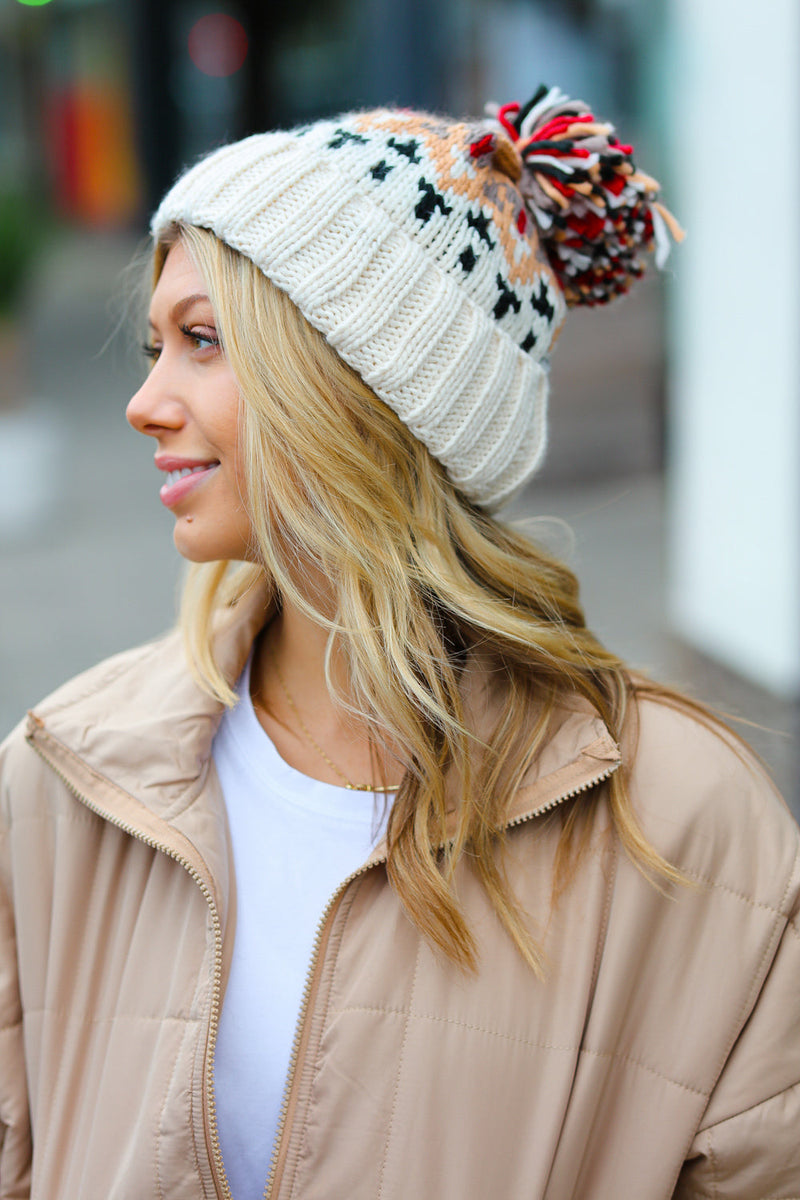 Cream Multicolor Cable Knit Pom-Pom Beanie