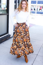 Casual Living Black Floral Tiered Smocked Waist Midi Skirt