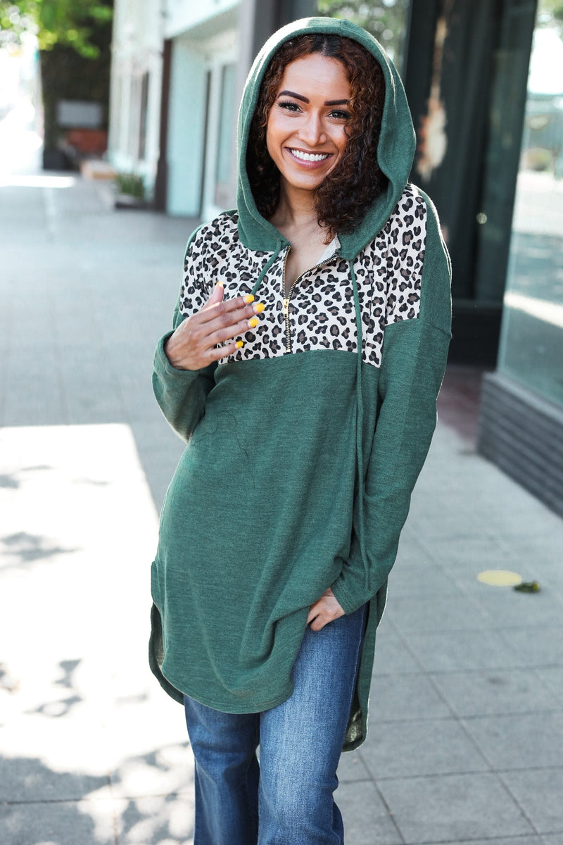 Diva Dreams Olive Leopard Print Half Zip Longline Hoodie