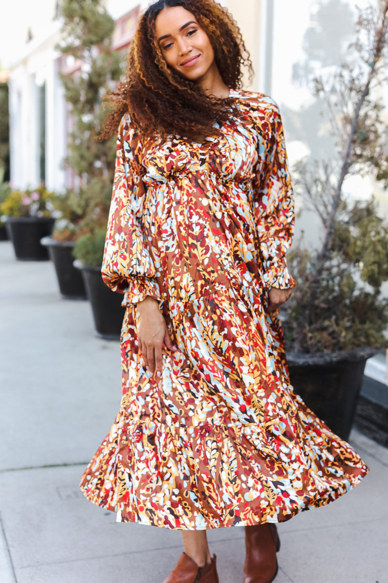 Feeling Femme Mocha Floral Print V Neck Satin Maxi Dress