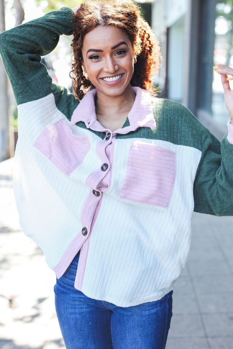 Pretty In Pink & Olive Color Block Button Down Ribbed Shacket