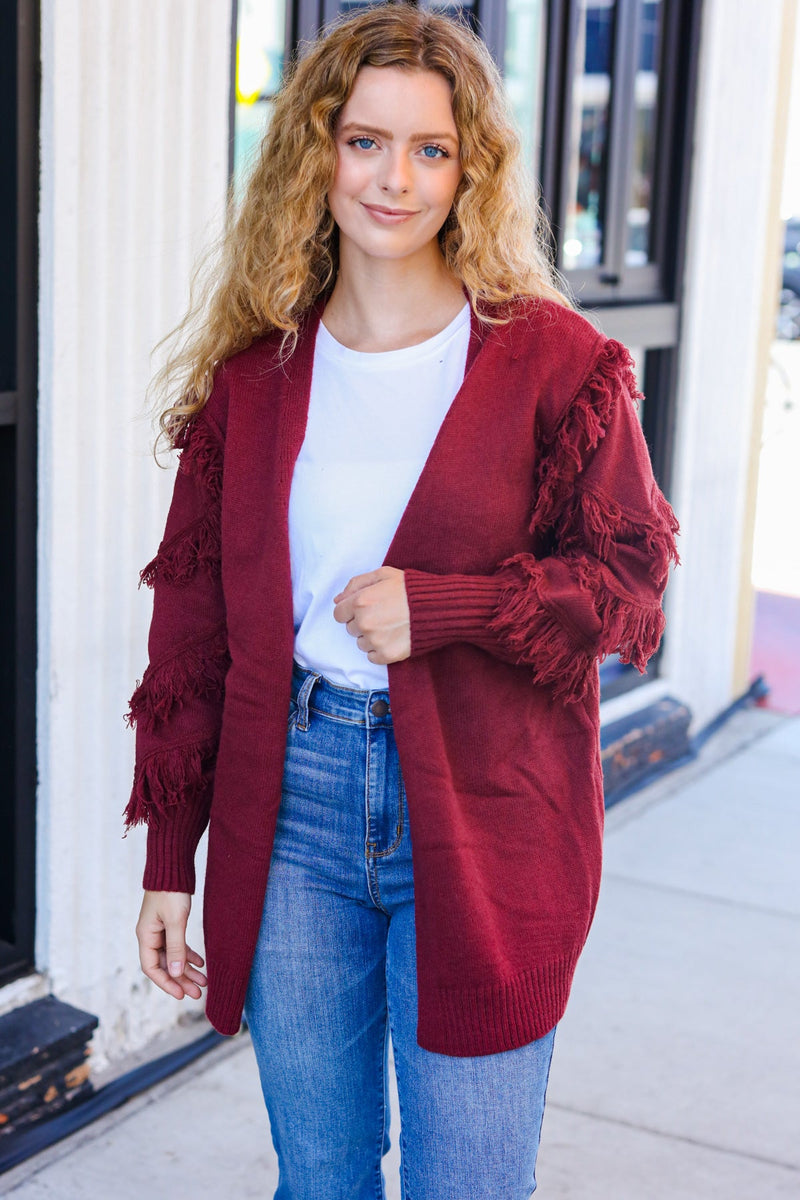 Beautiful You Burgundy Fringe Detail Knit Cardigan