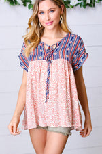 Navy & Coral Boho Tie Neck Dolman Top