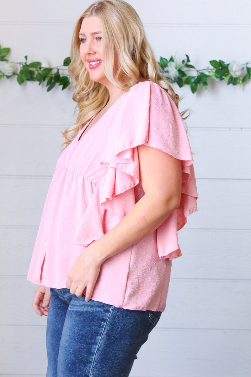 Soft Pink Swiss Dot Ruffle Woven Top