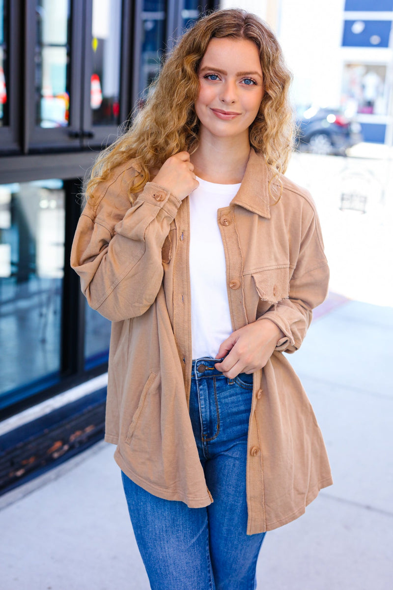 Weekend Ready Camel Terry Oversized Shirt Shacket