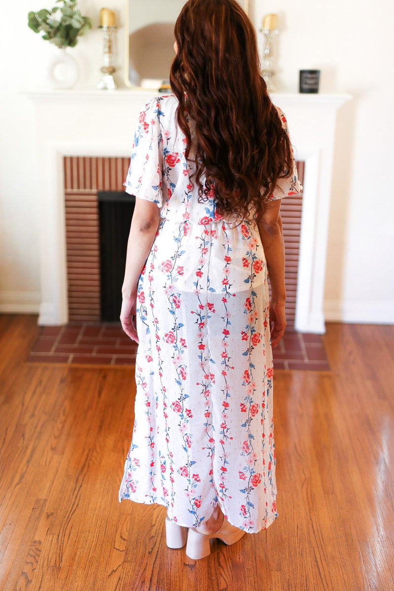 Red/Blue Floral Swiss Dot Chiffon Foil Maxi Dress