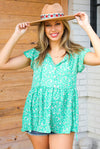 Green Floral Button Tie Neck Babydoll Top