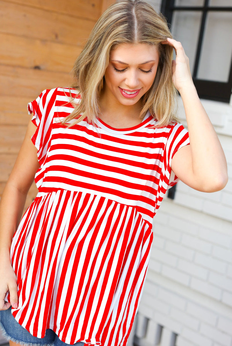 Red Stripe Babydoll Flutter Sleeve Top