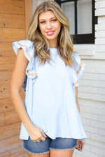 Chambray Embroidered Flutter Sleeve Top