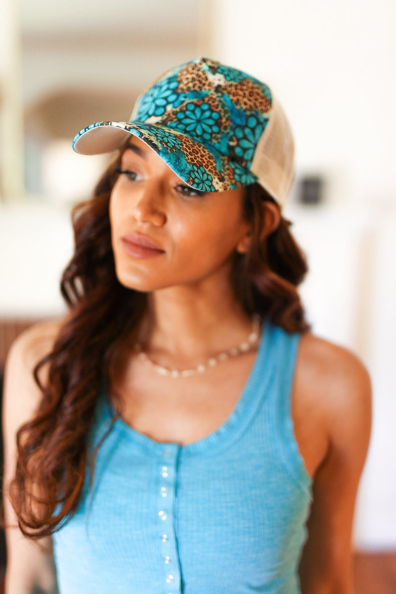 Turquoise Cheetah Print Mesh Trucker Hat