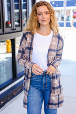 Casual Living Taupe & Charcoal Plaid Hacci Open Cardigan