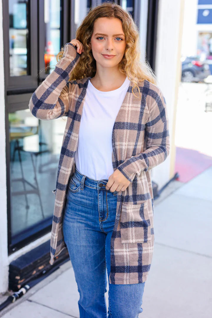 Casual Living Taupe & Charcoal Plaid Hacci Open Cardigan