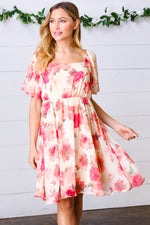 Peach Floral Chiffon Puff Sleeve Dress