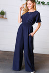 Dark Blue Smocked Waist Notch Neck Crepe Jumpsuit