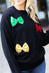 Be Merry Black Multicolor Sequin Bow Knit Sweater