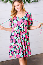 Multicolor Flat Floral Tiered Front Tie Pocketed Dress