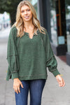 Olive Two Tone Knit Notched Raglan Top