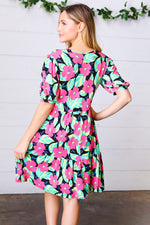 Multicolor Flat Floral Tiered Front Tie Pocketed Dress