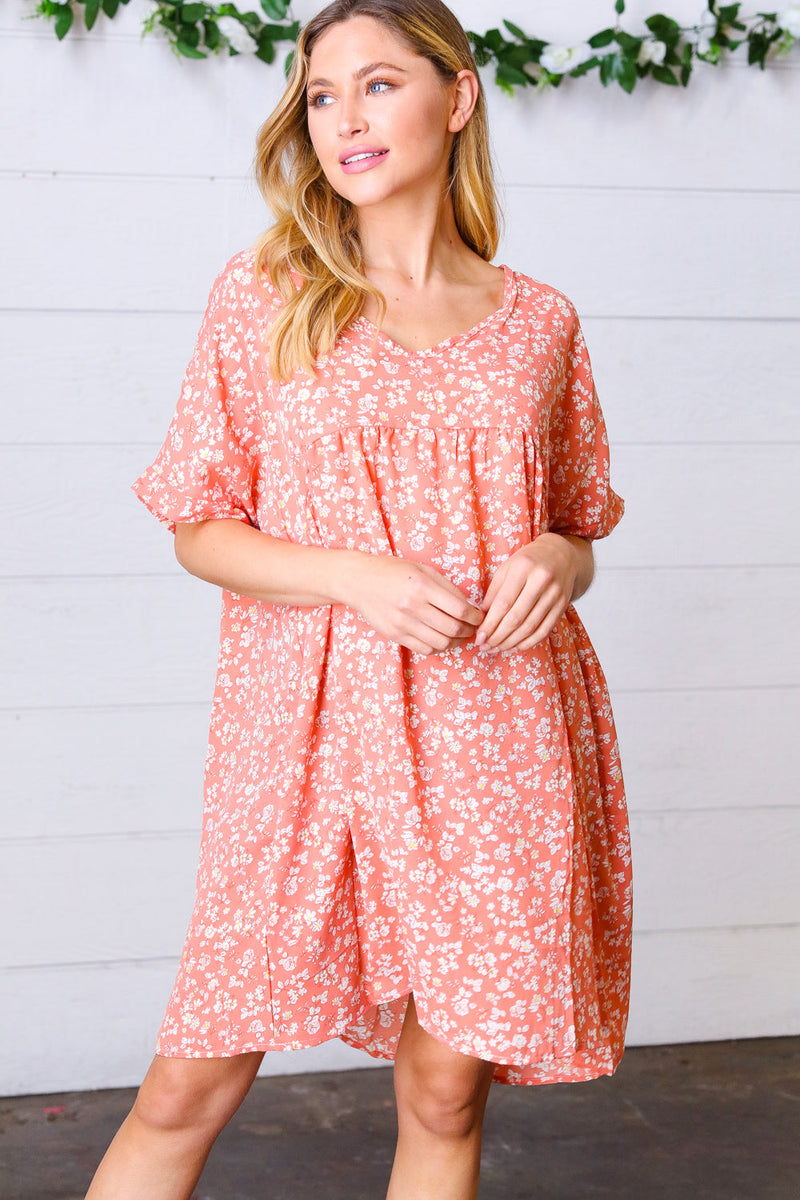 Peach Ditzy Floral Woven Dolman V Neck Dress