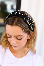 Black Stone & Gem Football Embellished Top Knot Headband