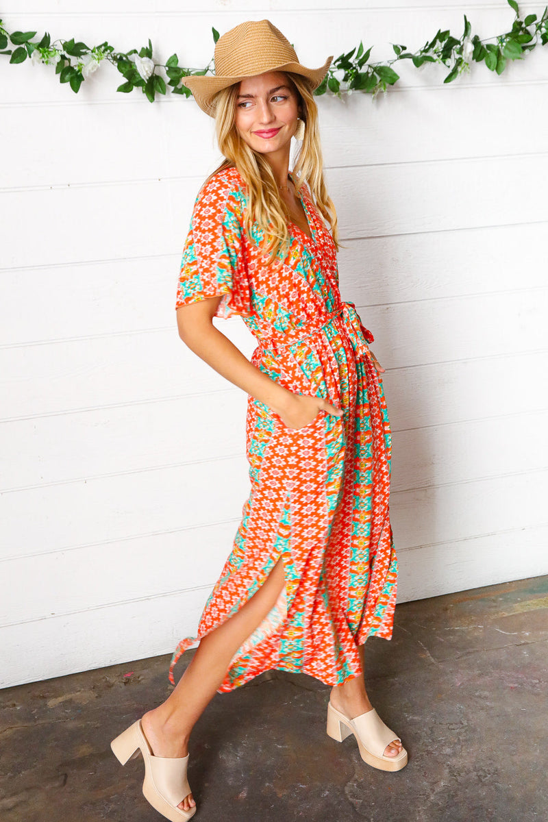 Orange Boho Print Surplice Sash Belt Midi Dress