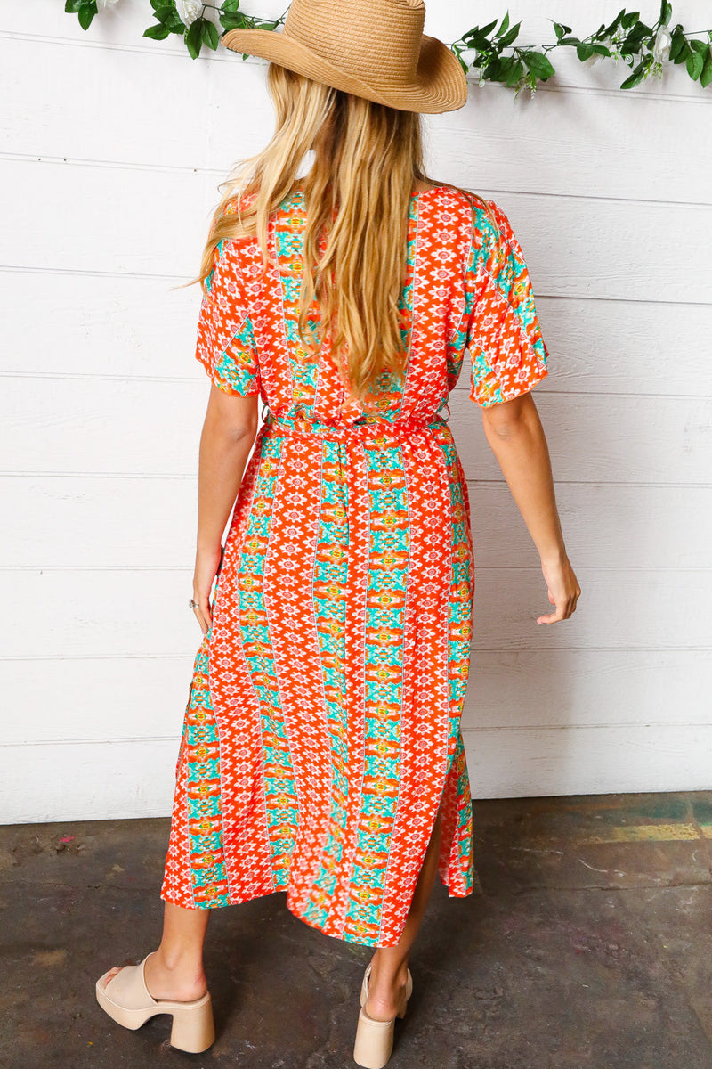 Orange Boho Print Surplice Sash Belt Midi Dress