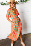 Orange Boho Print Surplice Sash Belt Midi Dress