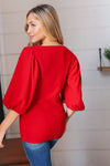 Red Crinkle Bubble Puff Sleeve Blouse