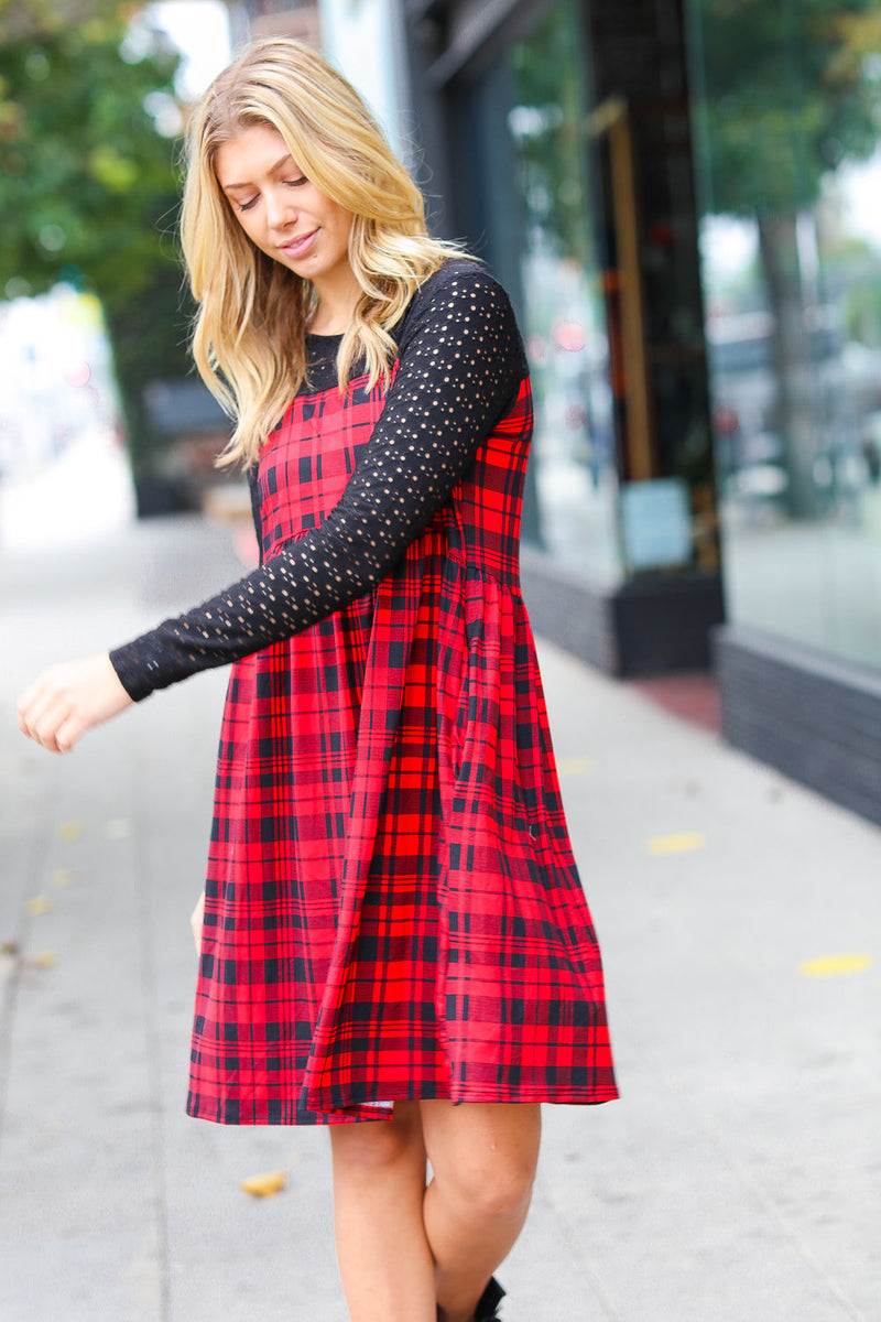 Red & Black Holiday Checker Plaid Eyelet Twofer Midi Dress