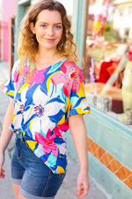 Navy & Yellow Tropical Floral V Neck Top