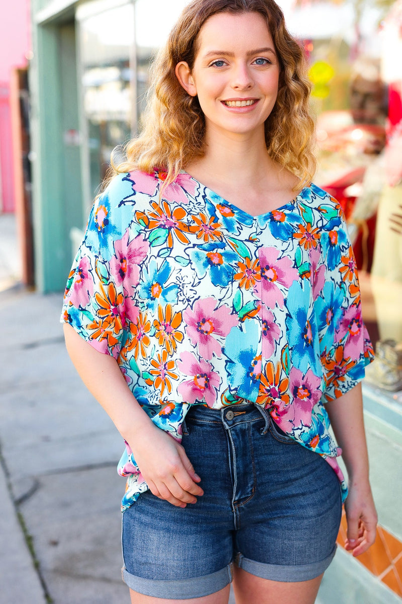 Pink & Blue Floral Print Woven Top