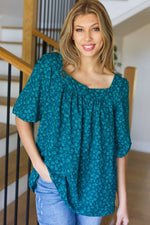 Perfectly You Teal Floral Three Quarter Sleeve Square Neck Top