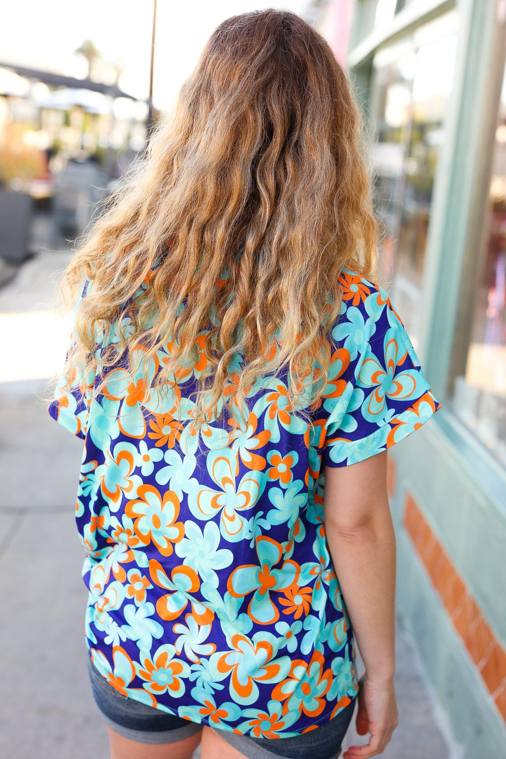 Blue & Orange Flat Floral V Neck Top