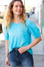 Sky Blue Round Neck Puff Sleeve Crepe Top