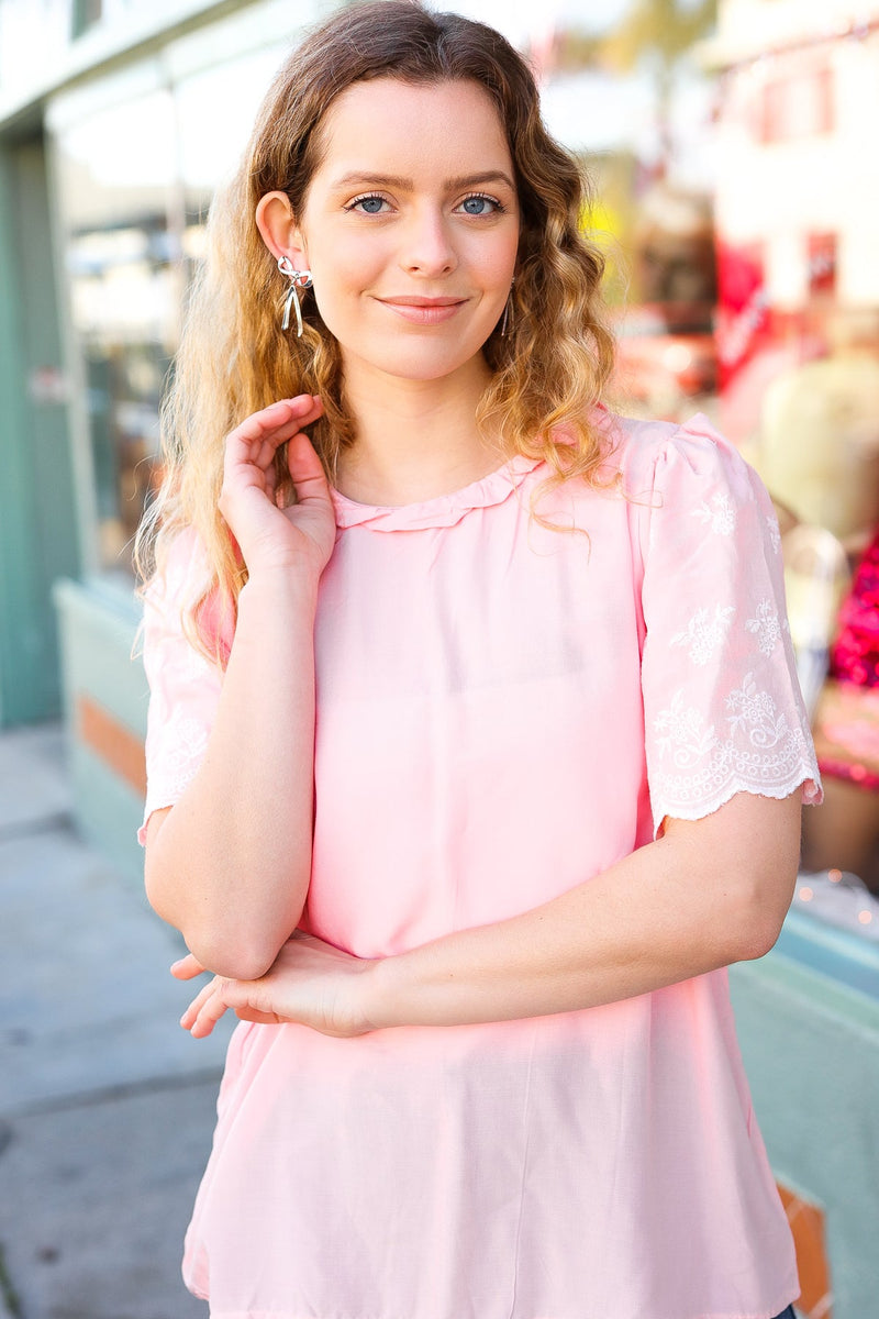 Spread Joy Blush Mock Neck Embroidered Woven Top