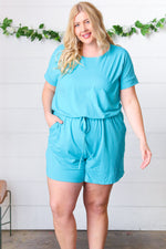 Ice Blue Brushed Knit Elastic Waist Pocketed Romper