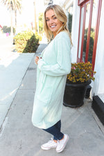 Perfectly You Mint Brushed Ribb Front Pocket Open Cardigan