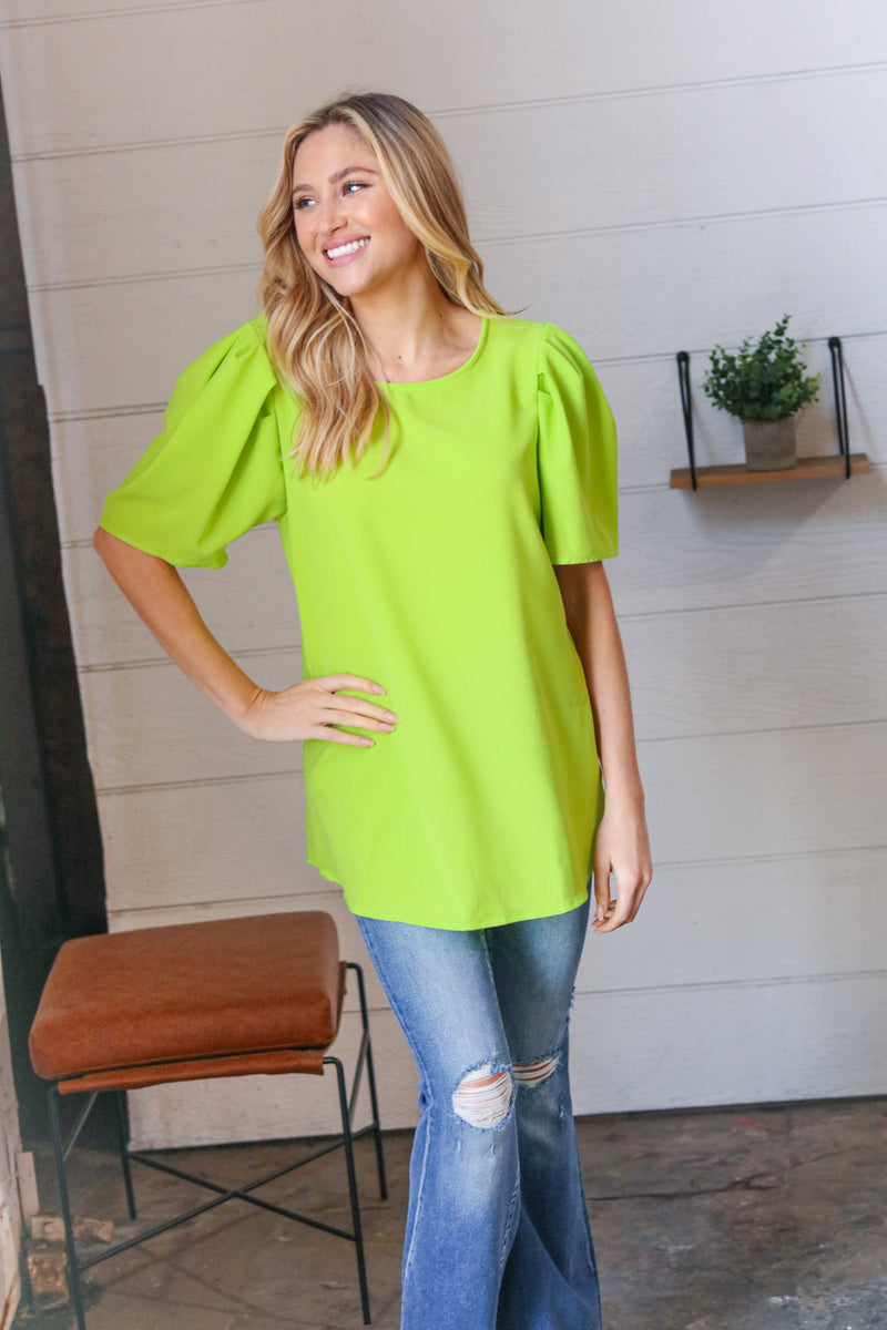 Neon Green Round Neck Puff Sleeve Crepe Top