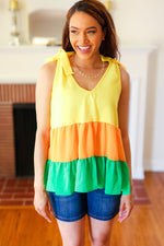 Yellow & Tangerine Tiered Shoulder Tie Crepe Top