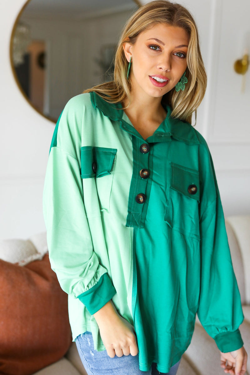 On The Way Up Mint Color Block Button Down Pullover