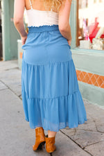 Look of Love Denim Blue Smocked Waist Tiered Chiffon Skirt