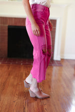 Cut Loose Hot Pink High Rise Washed Distressed Hem & Knee Cropped Pants