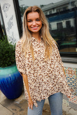 Feeling Bold Beige Animal Print Dolman Collar Button Down Top