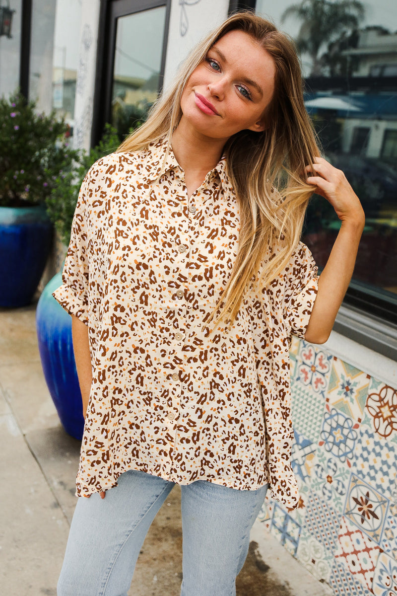 Feeling Bold Beige Animal Print Dolman Collar Button Down Top